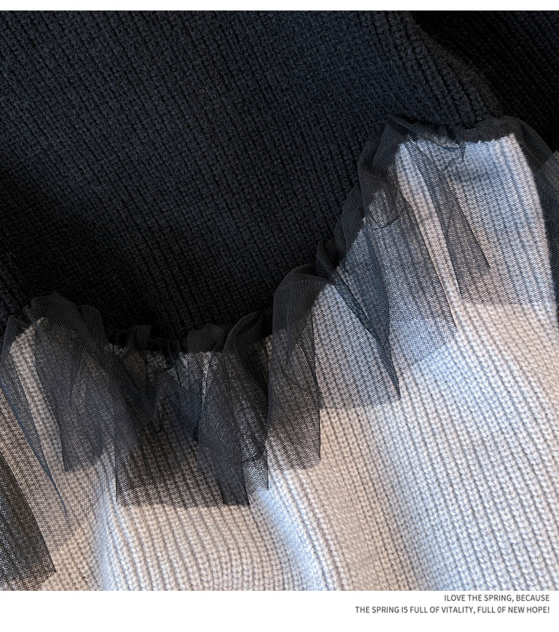 Ruffled Mesh Color Blocking Sweater