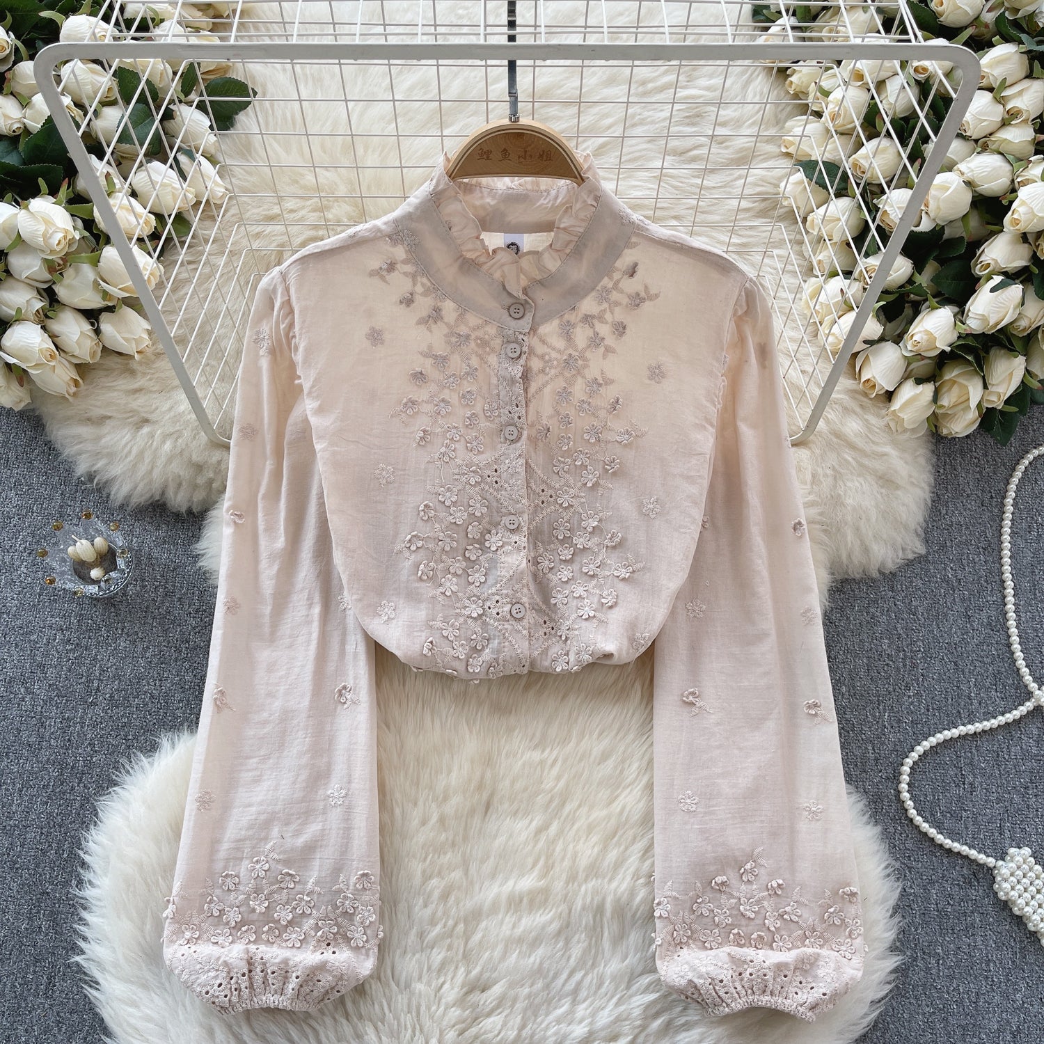  Flared Sleeve Solid Color Embroidered Shirt