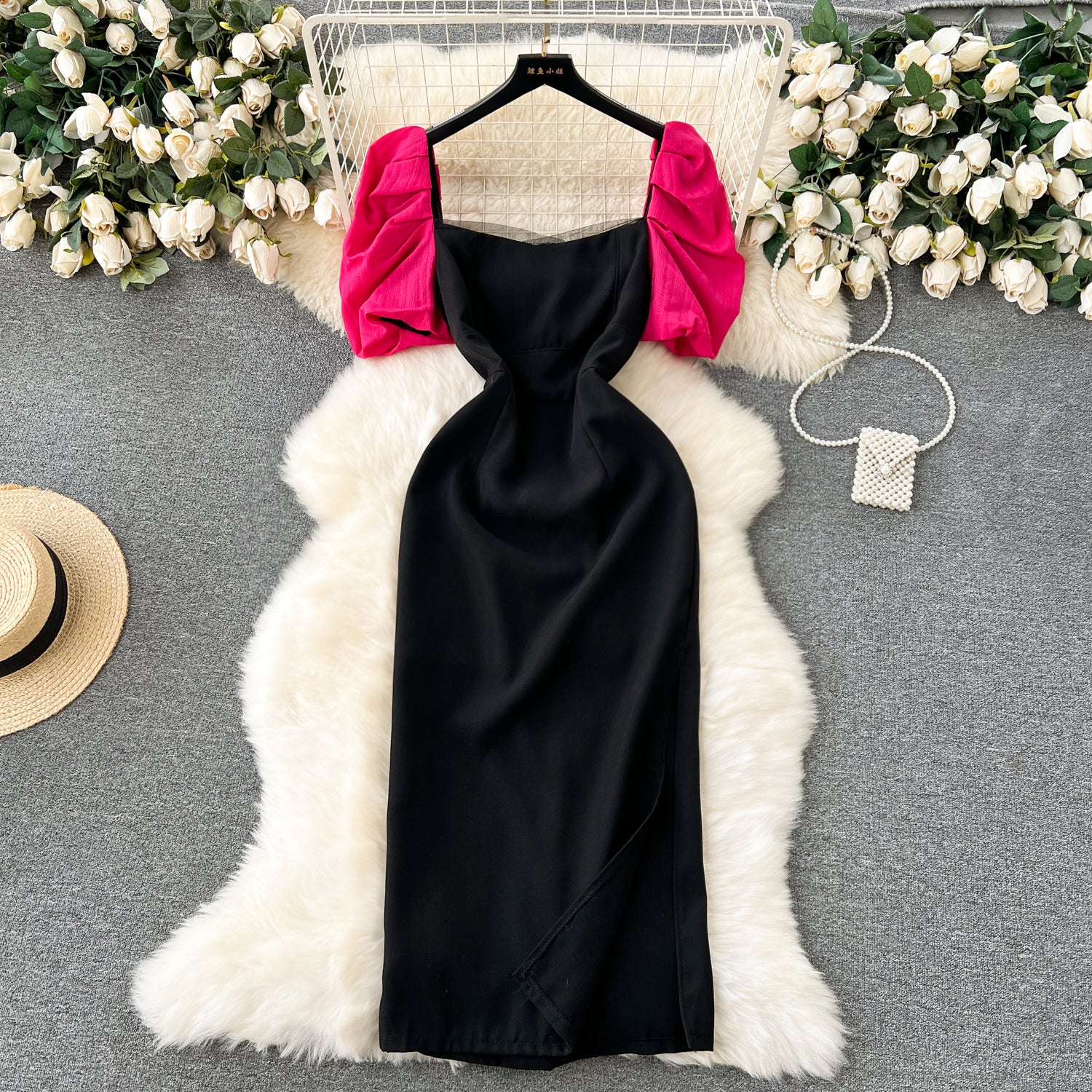  Rose Red Puffy Sleeve Black Dress