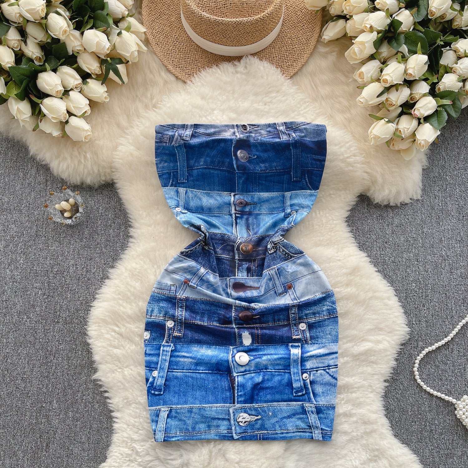 Niche Strapless Denim Printed Dress