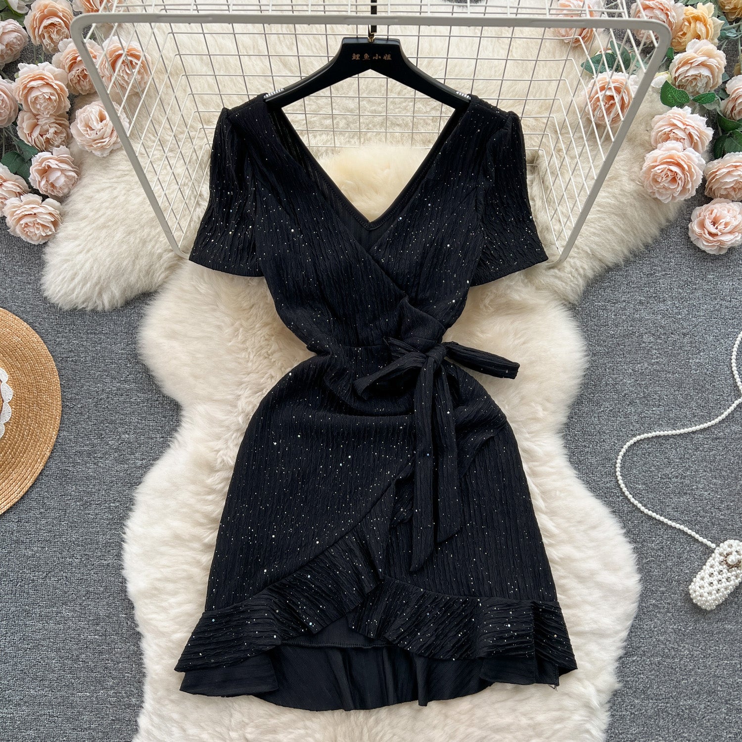 Sweetie V-neck Lace-up Ruffled Dress