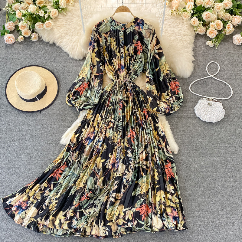 Round Collar Floral Printed Satin Dress