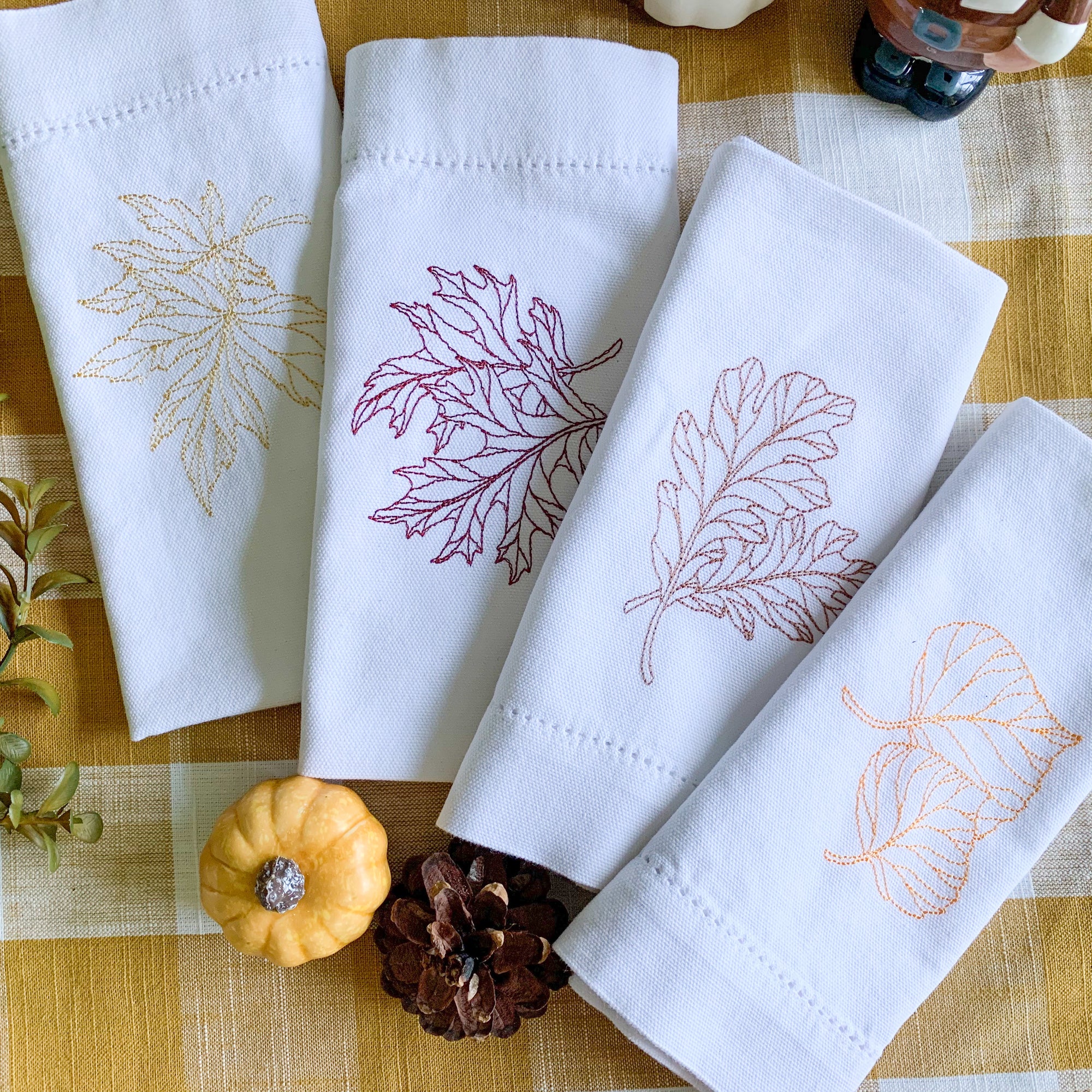 Fall Embroidered Linen Dinner Napkins, Set of 4
