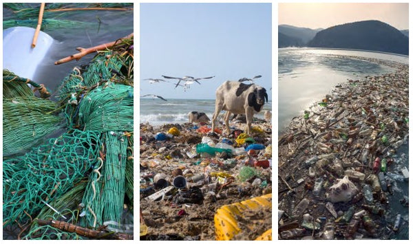 Set aus 3 Bildern. 1. Bild: Fischernetze liegen auf einem Haufen, 2. Bild: Hintergrund Meer, davor liegen auf dem Strand unmengen von Plastikmüll, Bild 3 zeigt eine Bucht, in der sehr viel Plastikmüll im Wasser schwimmt und auf dem Strand liegt