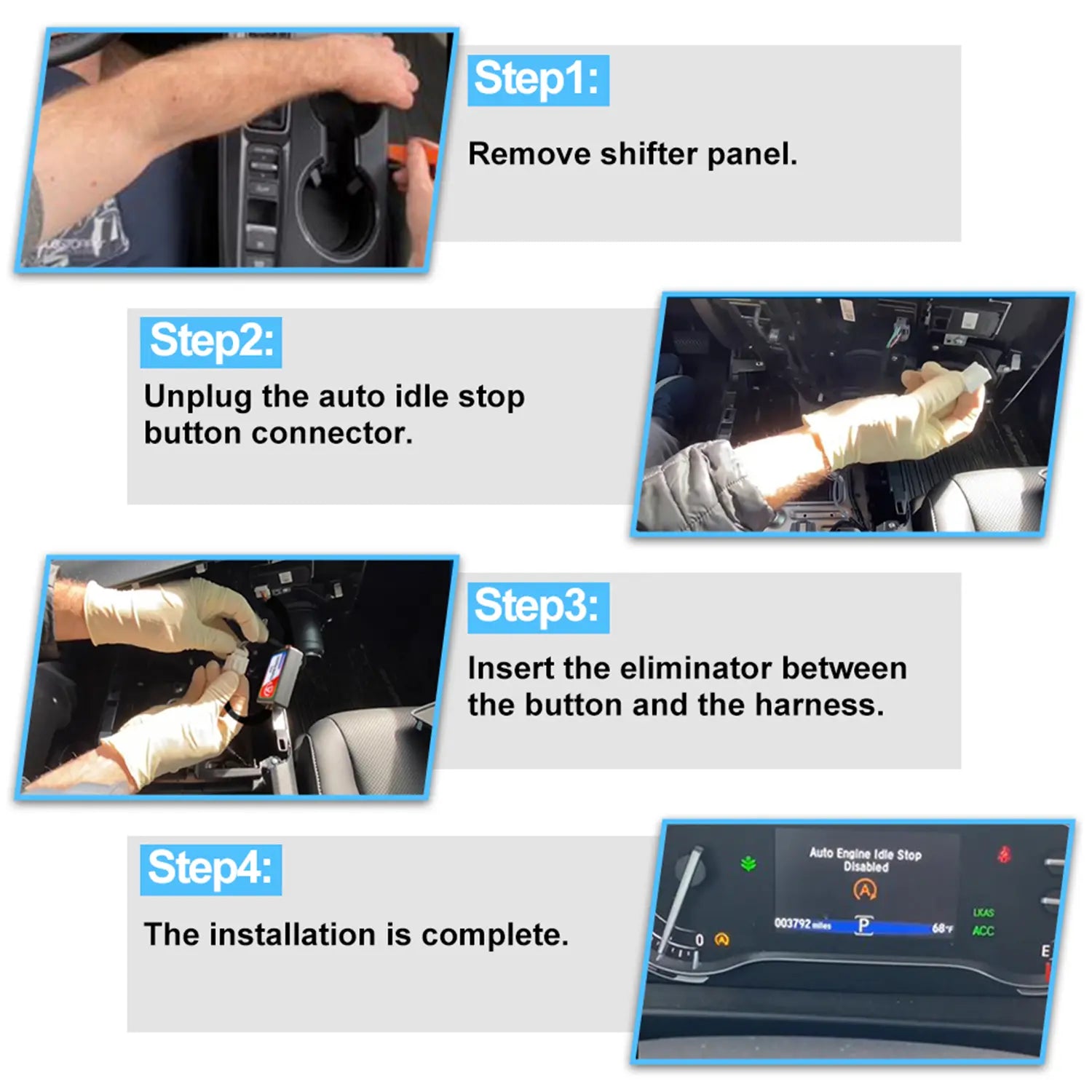 Installation steps for car auto idle stop eliminator: remove shifter panel, disconnect button connector, insert eliminator, and complete setup.