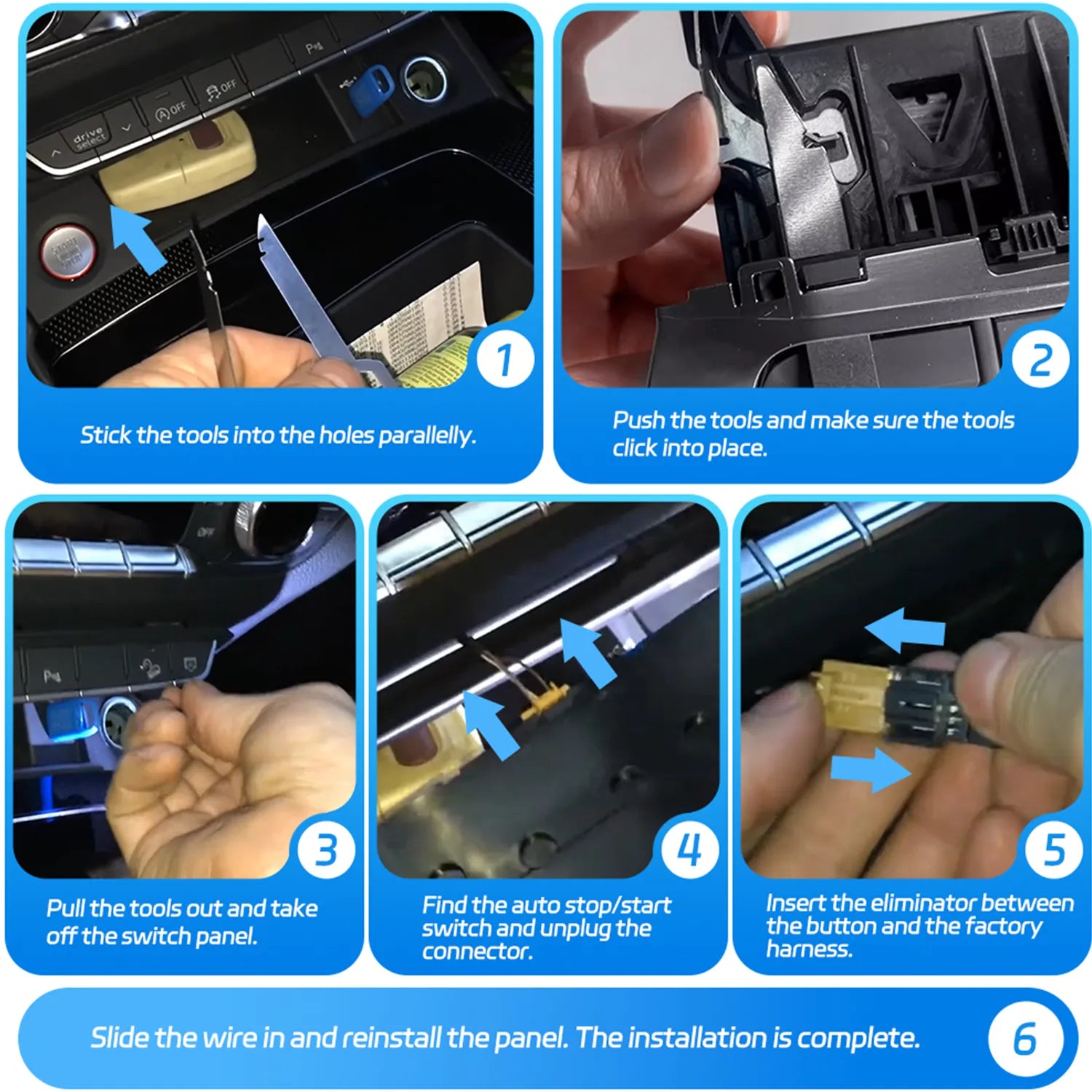 A guide to installing an auto start-stop eliminator, showing steps to remove the switch panel, disconnect the auto stop/start switch, insert the eliminator, and reinstall the panel.