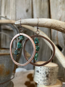 Copper Hoop Earrings with Natural Turquoise and Wood