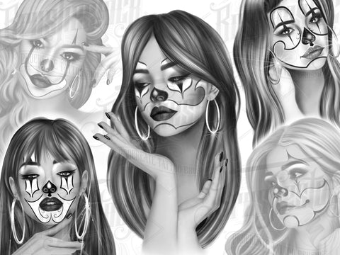 20 Payasas Tattoo Clown Girls in Black and Grey Chicano Tattoo Procreate Brushes for iPad and iPad pro by Brushestock