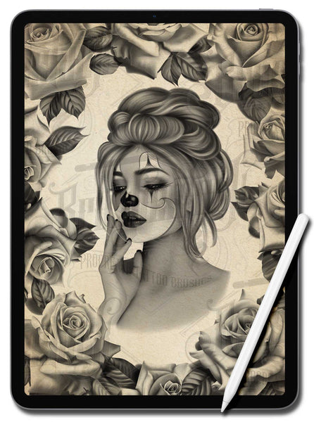 20 Payasas Tattoo Clown Girls in Black and Grey Chicano Tattoo Procreate Brushes for iPad and iPad pro by Brushestock