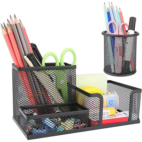 deli Mesh Desk Organizer Office Supplies Caddy with Pencil Holder and  Storage Baskets for Desktop Accessories, 3 Compartments, Black