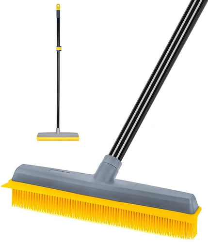 Pet Hair Broom Rubber Broom Carpet Rake with Squeegee with 59 Long Handle  for Sweeping Floor -Yellow