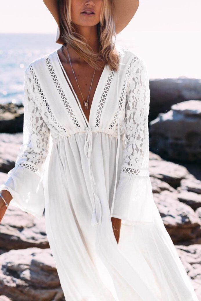 White Plunge Lace Drawstring Boho Beach Cover Up Maxi Dress – pinkami