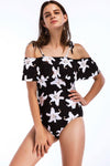 Black Pretty Off Shoulder Floral Print One Piece Swimsuit