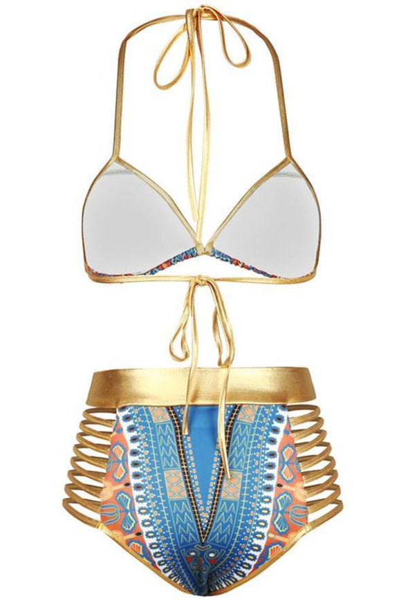 Light Blue African Tribal Print Halter High Waisted Sexy Bikini Swimsuit