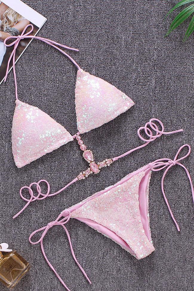 Luxe Rhinestone Sequin Self Tie Triangle Bikini Swimsuit - Two Piece S ...