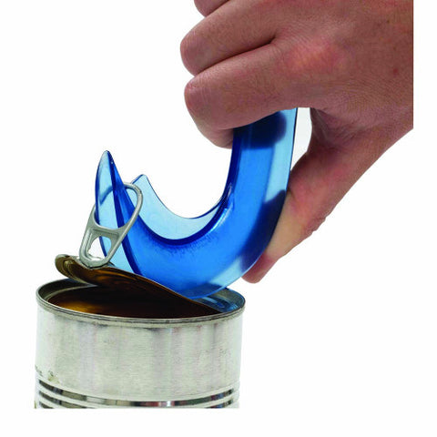 A blue curved plastic tool pulls up the tab of a tin can