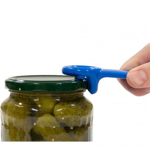 A blue handle lever rests on the edge of a pickle jar