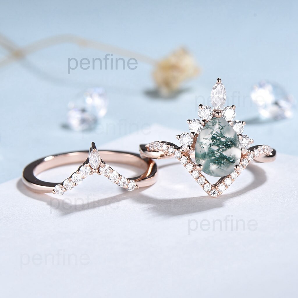 Vintage Pear Shaped Moss Agate Twisted Infinity Moissanite Ring For Women  Bridal Set | Penfine – Penfine