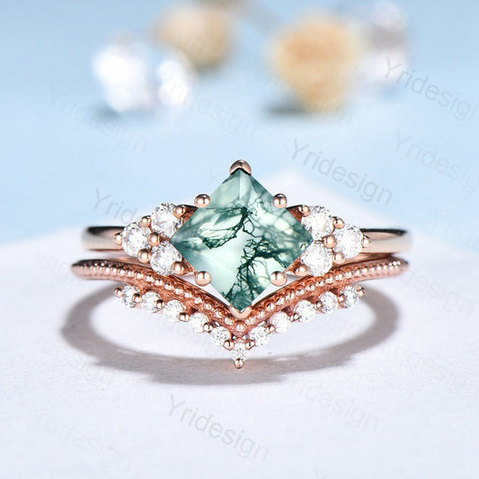 Vintage Emerald Cut Moss Agate Ring Rose Gold Natural Inspired