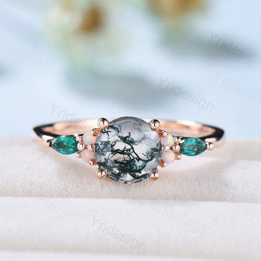 Natural Inspired Leaf moss agate ring set cluster emerald aquatic