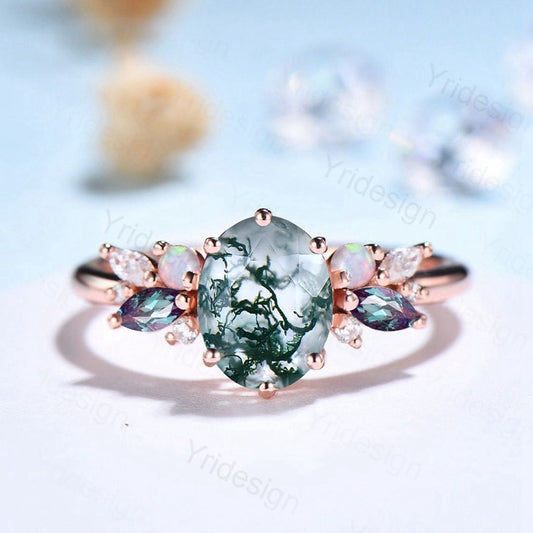 Natural Inspired Leaf moss agate ring set cluster emerald aquatic