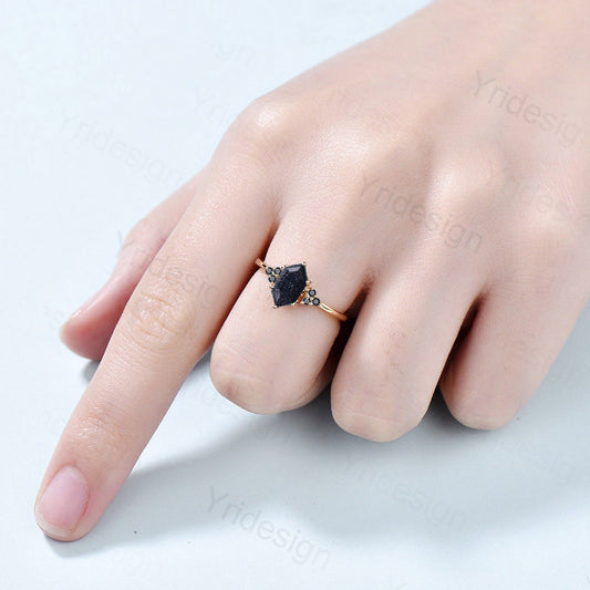 Hexagon Blue Sandstone Ring Cute Vintage Galaxy White Gold Engagement Ring  Leaf Vine Onyx Star Blue Ring For Women Bridal Promise Ring
