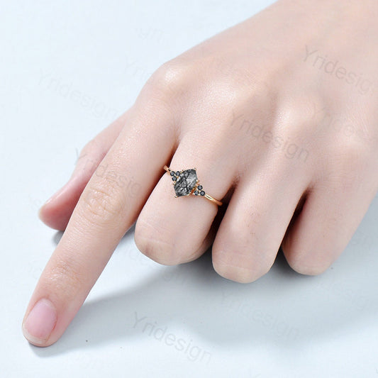 Vintage unique black rutilated quartz engagement ring Twisted