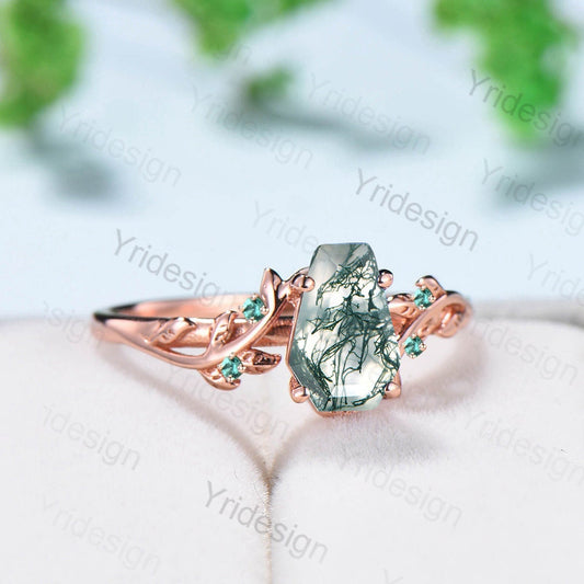 Elegant Natural Moss Agate Ring Vintage Unique Hexagon Engagement Ring  Inspired Leaf Cluster Emerald Wedding Ring Women Green Gemstone Ring