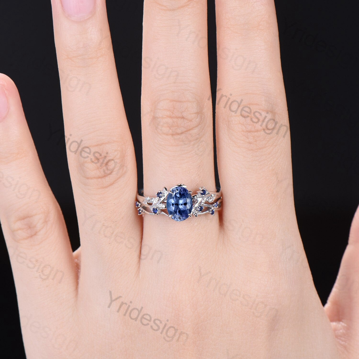 Blue Sapphire & Diamonds Engagement Ring 14K White Gold 1.14 Carat Antique  Vintage Style Engraved handmade