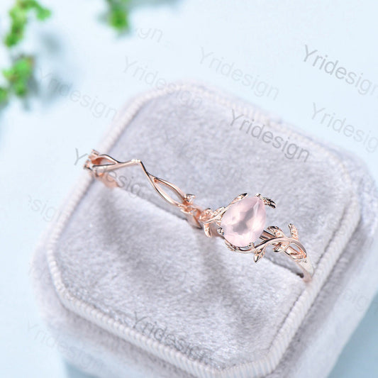 Natural Inspired Rose Quartz Ring Vintage Unique Silver Twig Engagement  Ring Leaf Branch Pink Crystal Wedding Ring Women Anniversary Gift