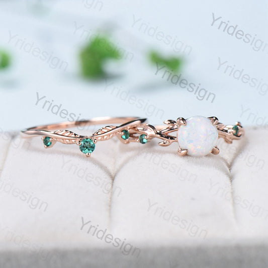 Natural Inspired Leaf emerald ring set unique twig engagement ring