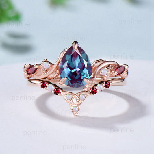 Vintage Alexandrite Engagement Ring Set Rose Gold Five Stone Pear Moonstone  Wedding Ring Set Women Crown Opal Stacking Band Anniversary Gift