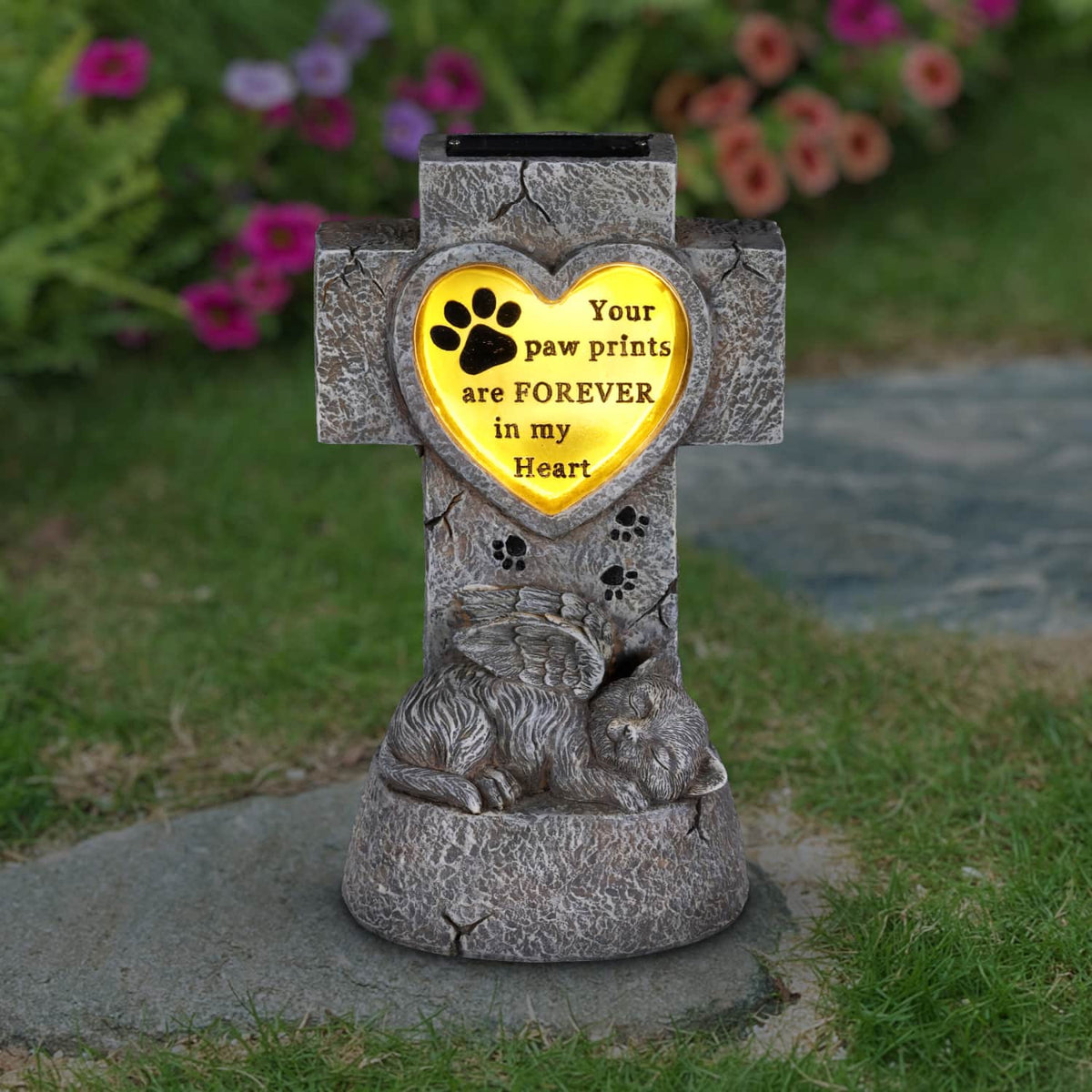 Solar Cat Memorial Cross Garden Marker, 6 x 5 x 9.5 Inches