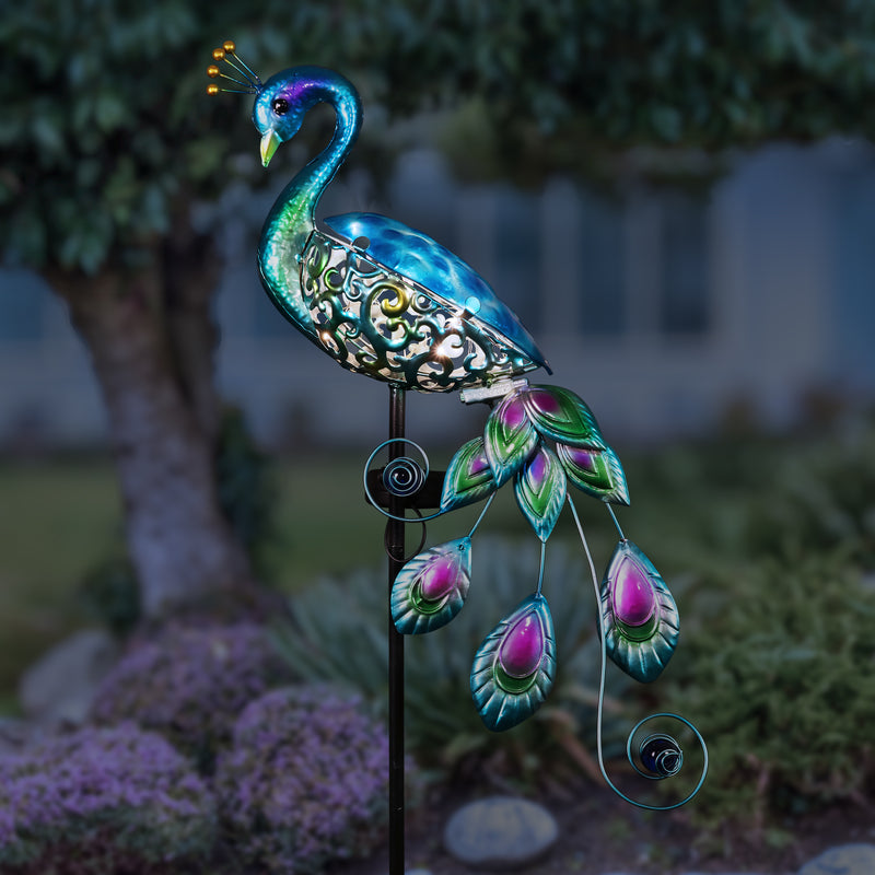 Solar Blue Metal and Glass Peacock Garden Stake, 4.5 x 16 x 45.5 Inches ...