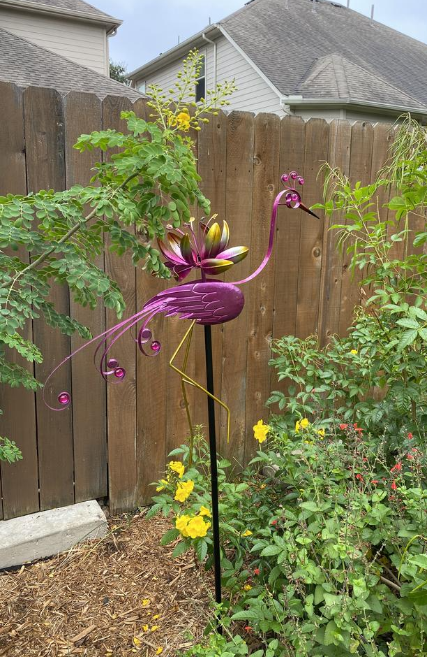 Pink Metal Flamingo with Lotus Flower Spinner Garden Stake, 26 by 65 Inches