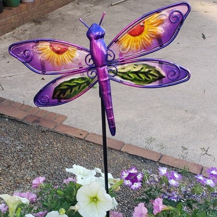 Set of 4 Painted Glass and Metal Butterfly and Dragonfly Garden Stakes, 9 Inch