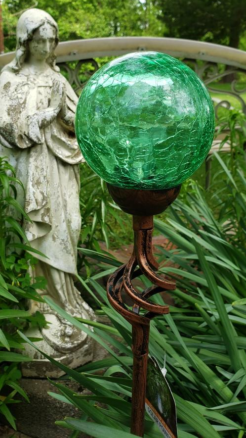 Solar Green Crackle Glass Ball Garden Stake with Metal Finial Detail, 4 by 31 Inches