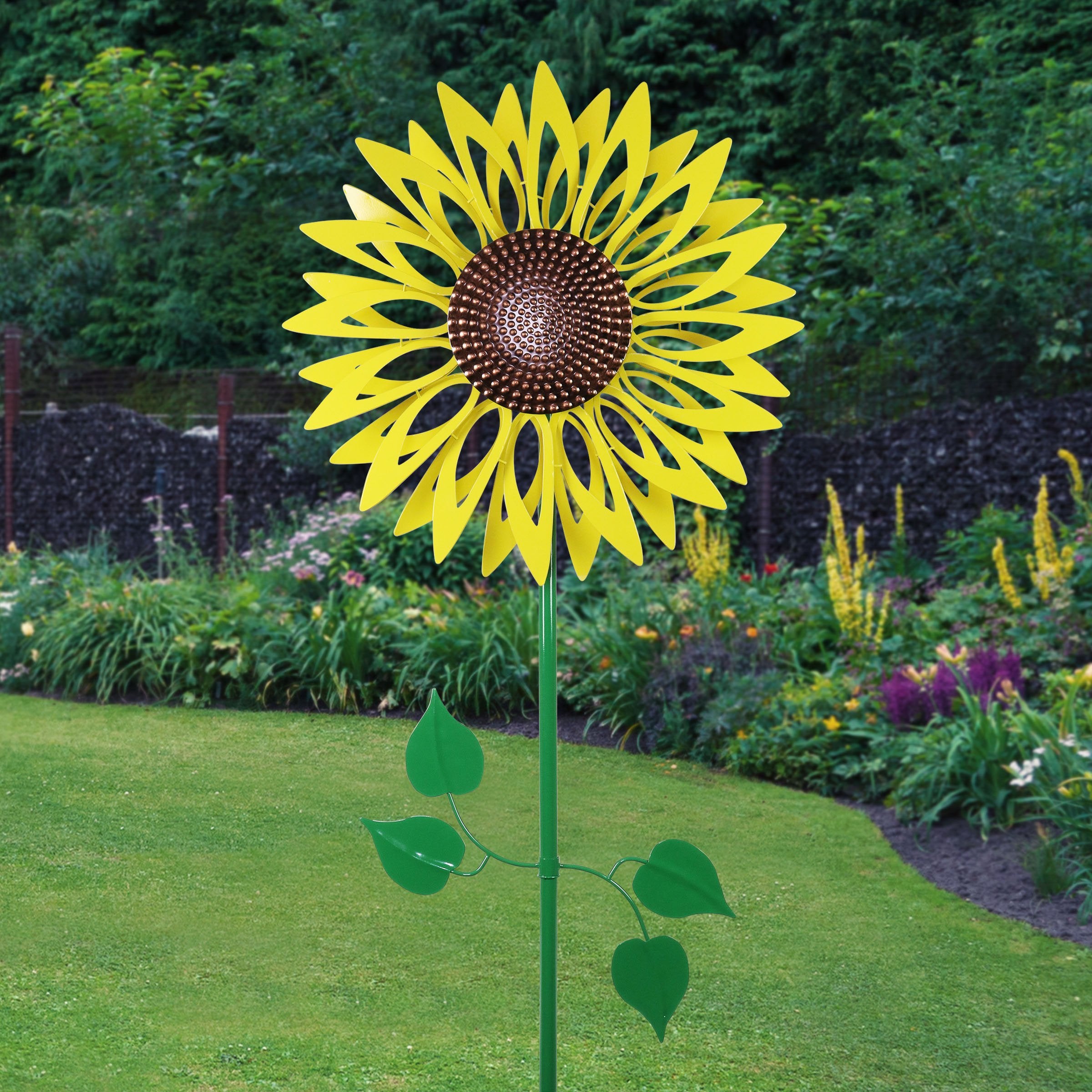 Giant Metal Kinetic Yellow Sunflower Dual Spinning Garden Stake