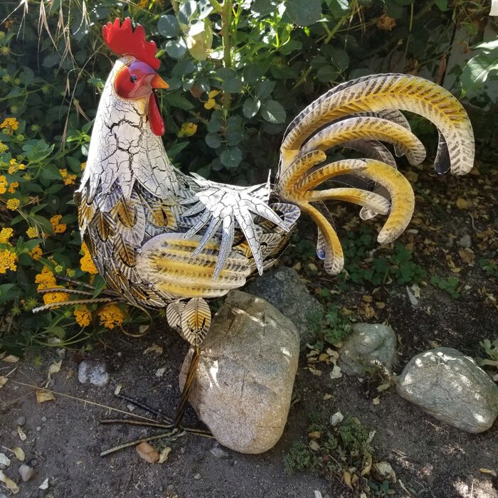 White and Gold Metal Rooster Garden Statue, 7 by 25 Inches