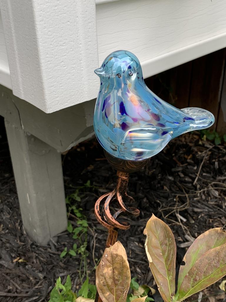 Solar Pearlized Hand Blown Glass Bird Garden Stake in Teal, 6 by 31 Inches
