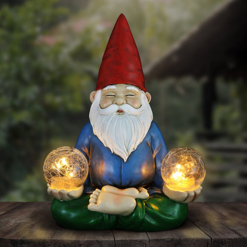 Good Time Solar Gnamaste Meditating Yoga Gnome with Two Crackle Glass Firefly Balls Garden Statue, 