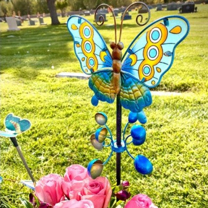 Hand Painted Butterfly Wind Spinner Garden Stake in Teal, 9 by 38 Inches