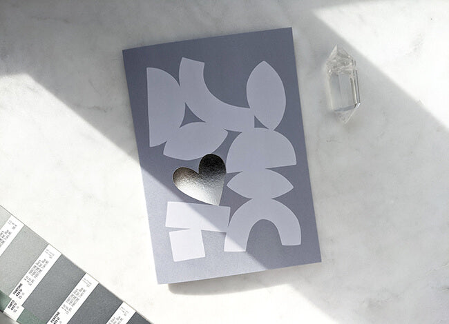 Modern Love Card with grey abstract shapes with silver heart