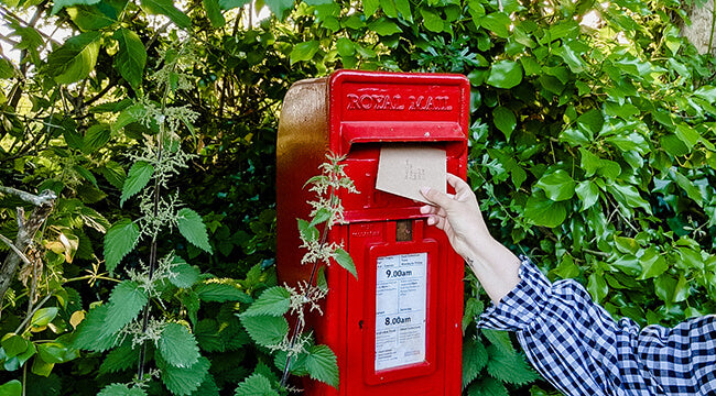 Birthday card being posted in red letterbox UK