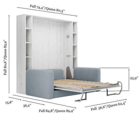 Dimensions of the Luxoria Aruba Wenge Murphy Bed with Shelves and Sofa
