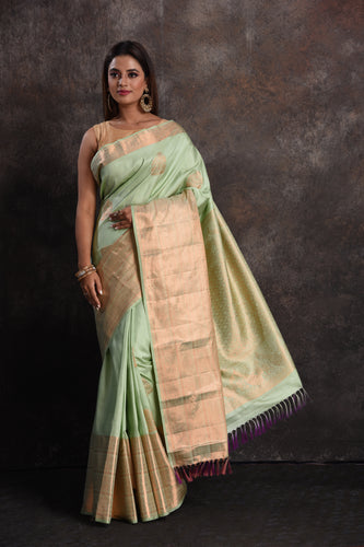 Designer satin silk saree pastel green with chamki & stone work – Cherrypick