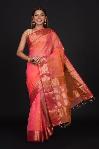 Pure chanderi silk saree green and pink with silver & gold zari woven –  Prashanti Sarees