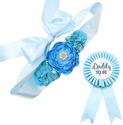 Sky Blue Maternity Sash & Daddy to be Corsage Set 