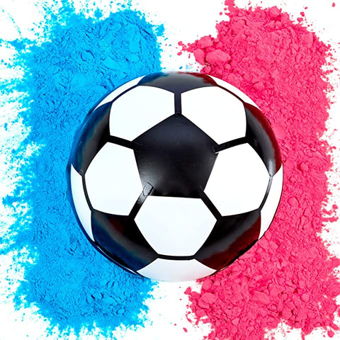 A soccer ball that has blue & pink powder for the gender reveal 