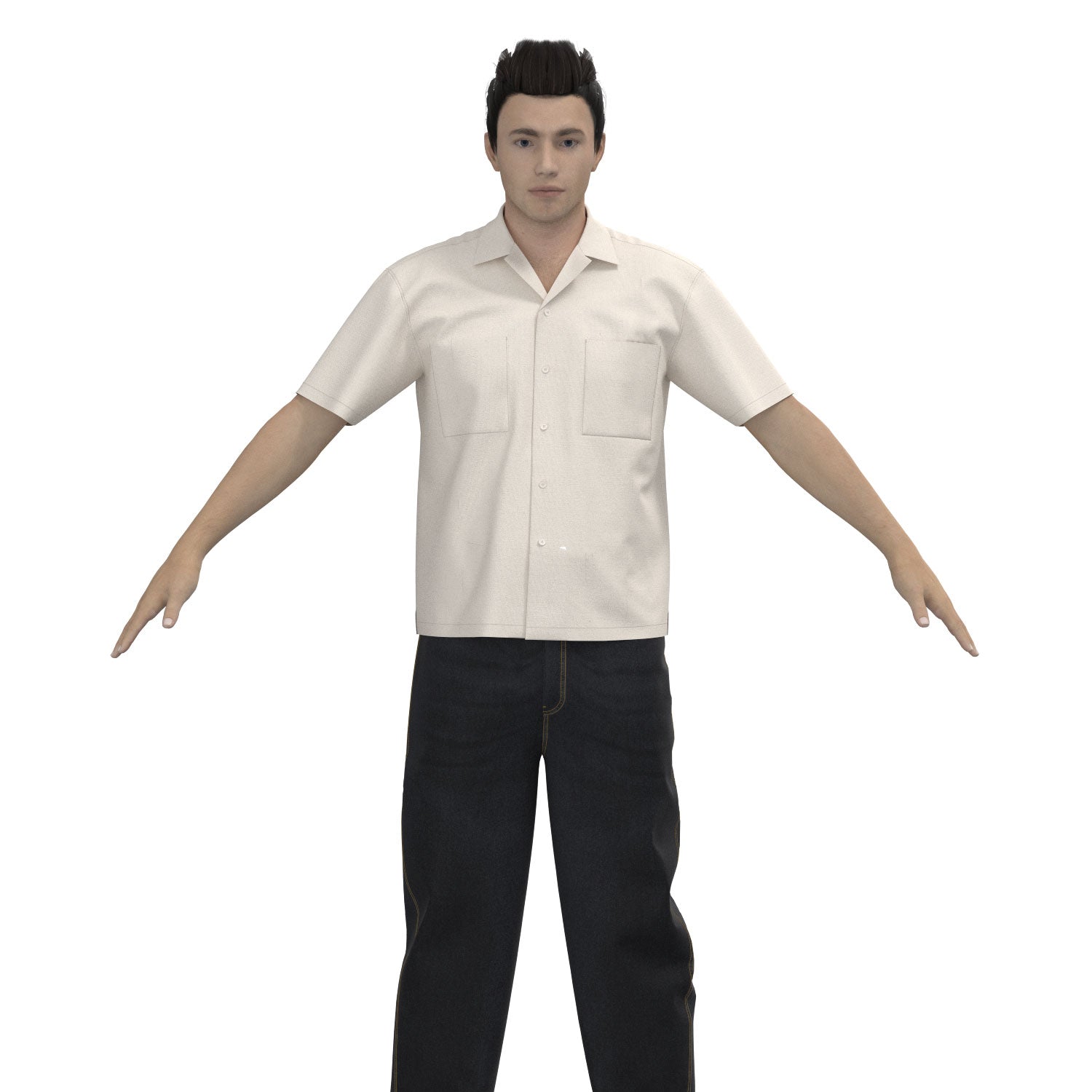 Male avatar wearing Saywood's bowling shirt development, fit is incorrect and pulling can be seen on the body